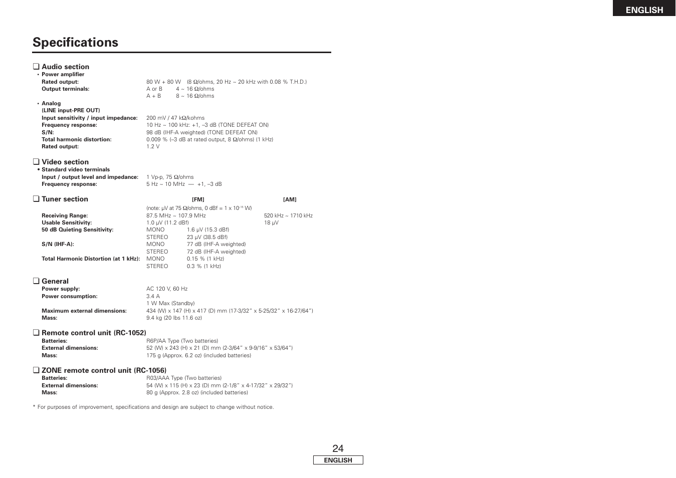 Specifications, English | Denon DRA-397 User Manual | Page 27 / 32