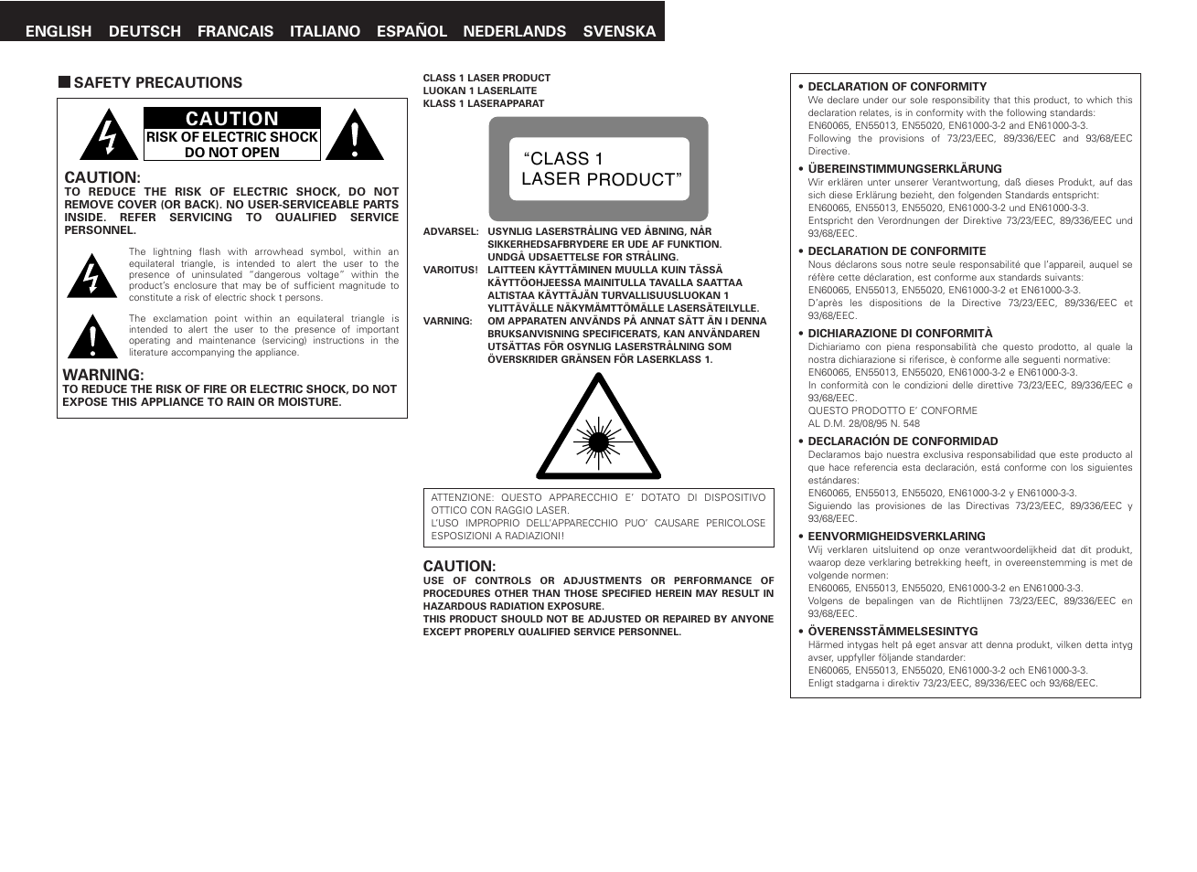 Caution, Class 1 laser product | Denon S-81 User Manual | Page 2 / 33
