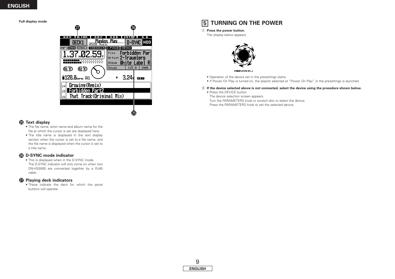 Turning on the power, 5 turning on the power | Denon DN-HS5500 User Manual | Page 14 / 41