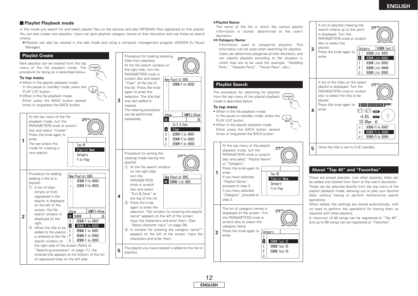 Playlist create, Playlist search, About “top 40” and “favorites | English | Denon DN-HS5500 User Manual | Page 17 / 41