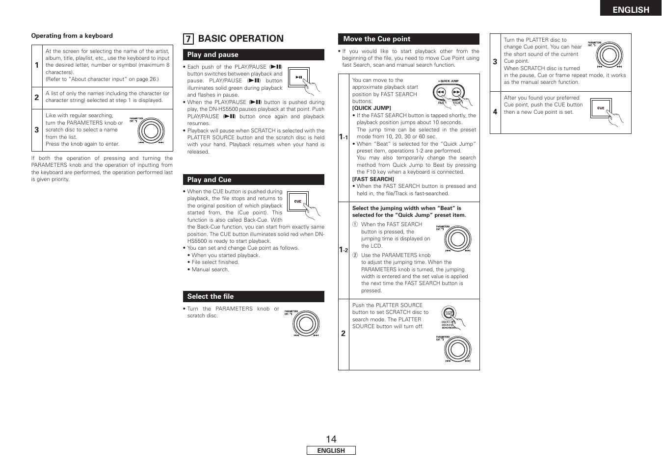 Basic operation, Play and pause, Play and cue | Select the file, Move the cue point, 7 basic operation, English | Denon DN-HS5500 User Manual | Page 19 / 41