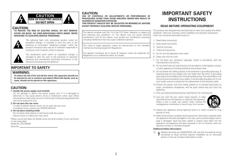 Important safety instructions, Caution, Important to safety warning | Denon DN-HS5500 User Manual | Page 2 / 41