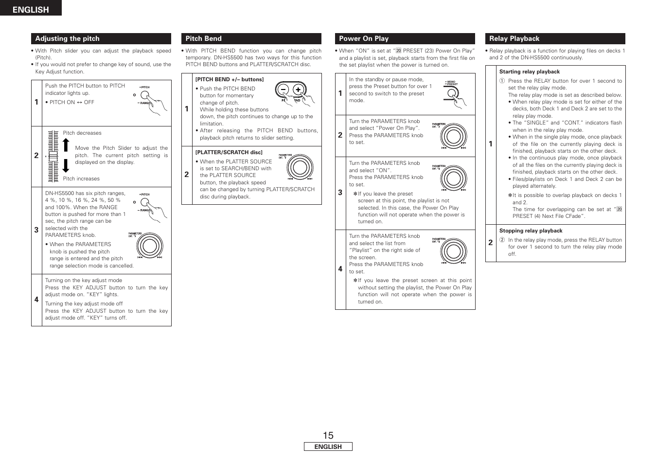 Adjusting the pitch, Pitch bend, Power on play | Relay playback, English | Denon DN-HS5500 User Manual | Page 20 / 41