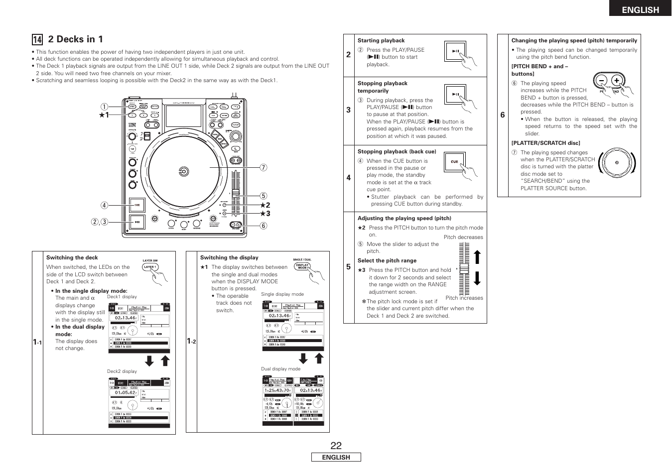 2 decks in 1, Cd c d, Deck1:orange deck2:green next file | 14 2 decks in 1 | Denon DN-HS5500 User Manual | Page 27 / 41