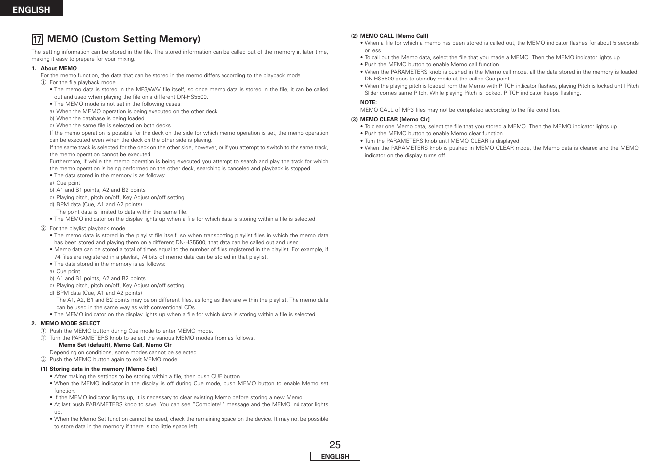 Memo (custom setting memory), English | Denon DN-HS5500 User Manual | Page 30 / 41