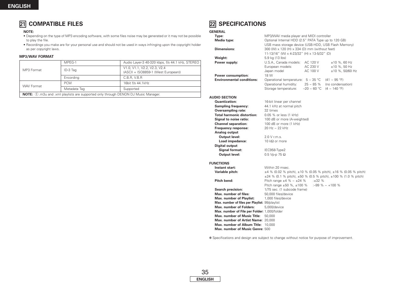 Compatible files, Specifications, Compatible files 21 | 22 specifications, English | Denon DN-HS5500 User Manual | Page 40 / 41