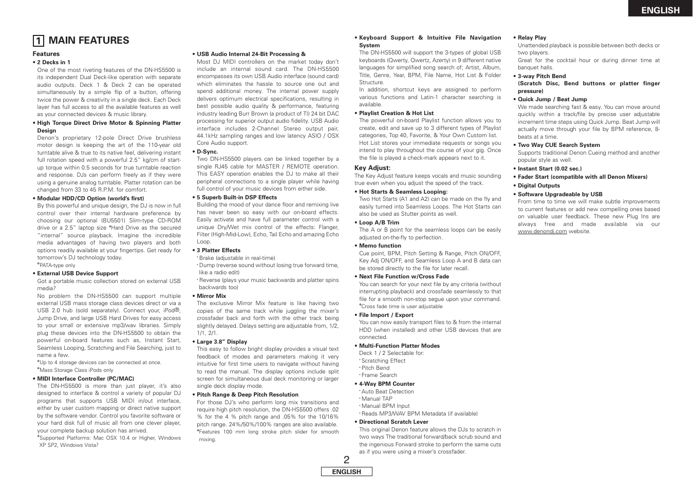 Main features, 1 main features, English | Denon DN-HS5500 User Manual | Page 7 / 41