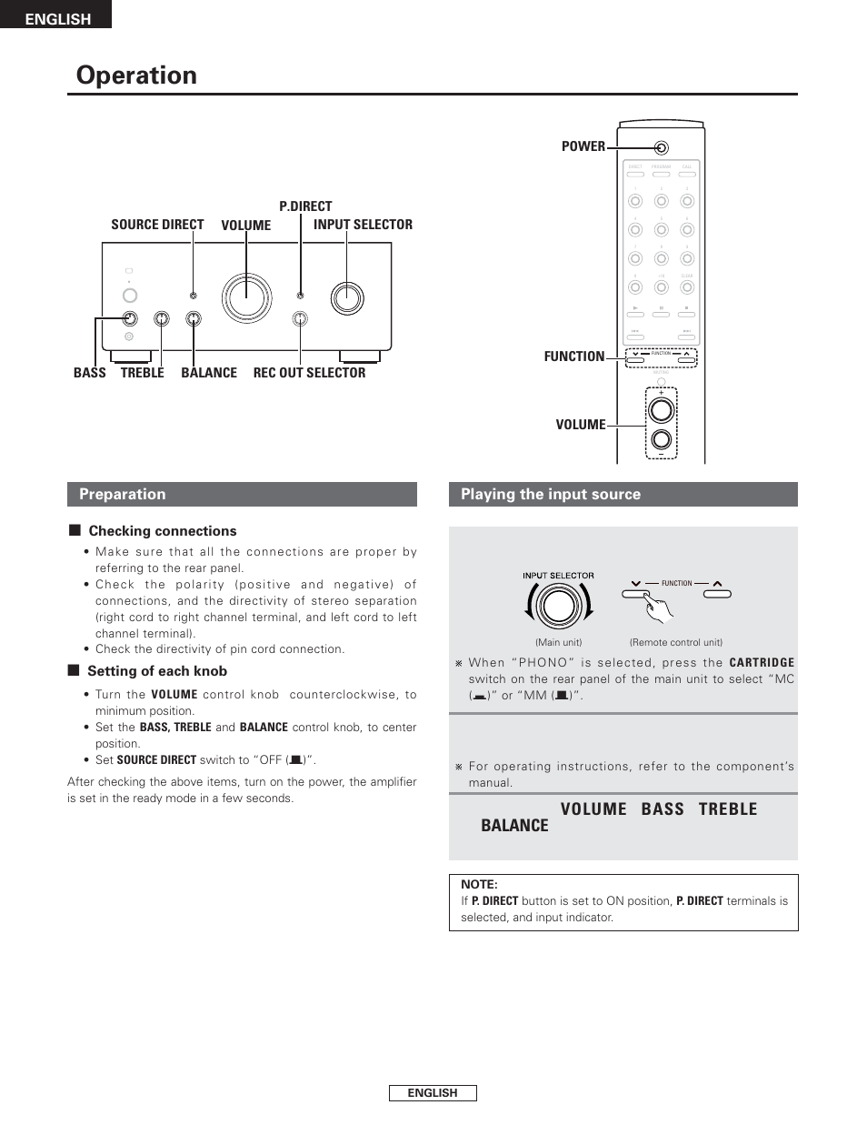 Operation, Volume, Bass | Treble, Balance, Preparation, Select the input source to be played, Start playback on the selected component, Turn the, Playing the input source | Denon PMA-2000AE User Manual | Page 14 / 90