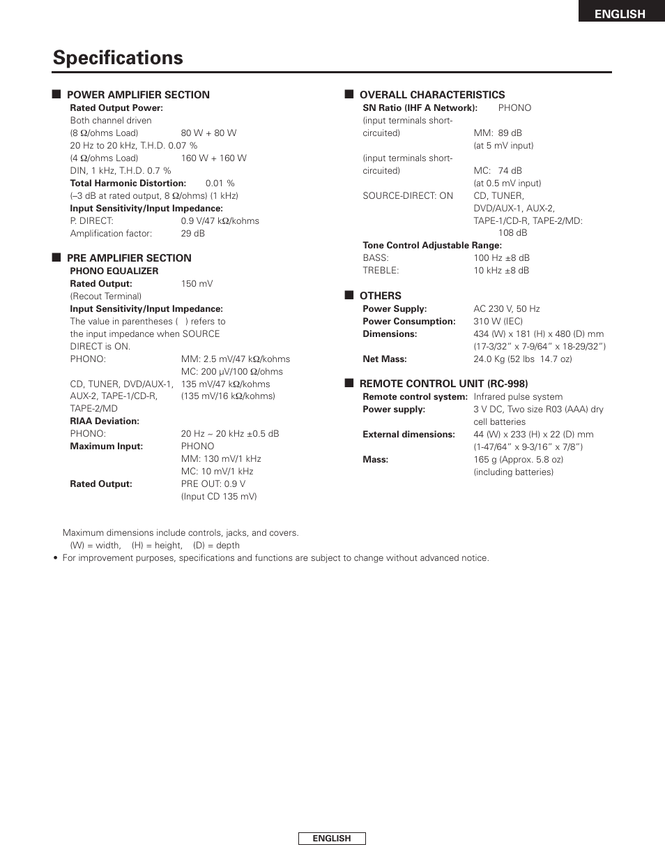 Specifications | Denon PMA-2000AE User Manual | Page 17 / 90