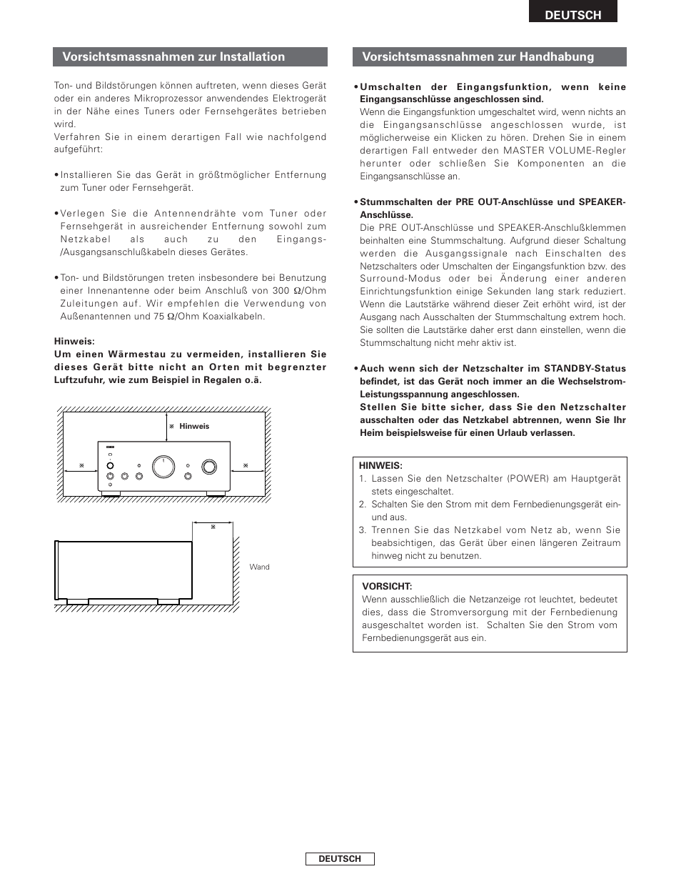 Vorsichtsmassnahmen zur installation, Vorsichtsmassnahmen zur handhabung | Denon PMA-2000AE User Manual | Page 19 / 90