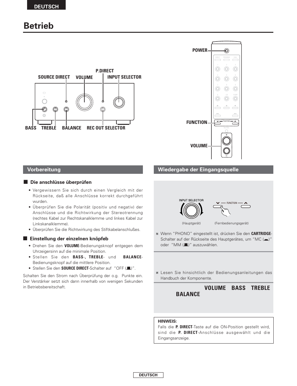 Betrieb, Volume, Bass | Treble, Vorbereitung, Drehen sie den, Wiedergabe der eingangsquelle | Denon PMA-2000AE User Manual | Page 26 / 90