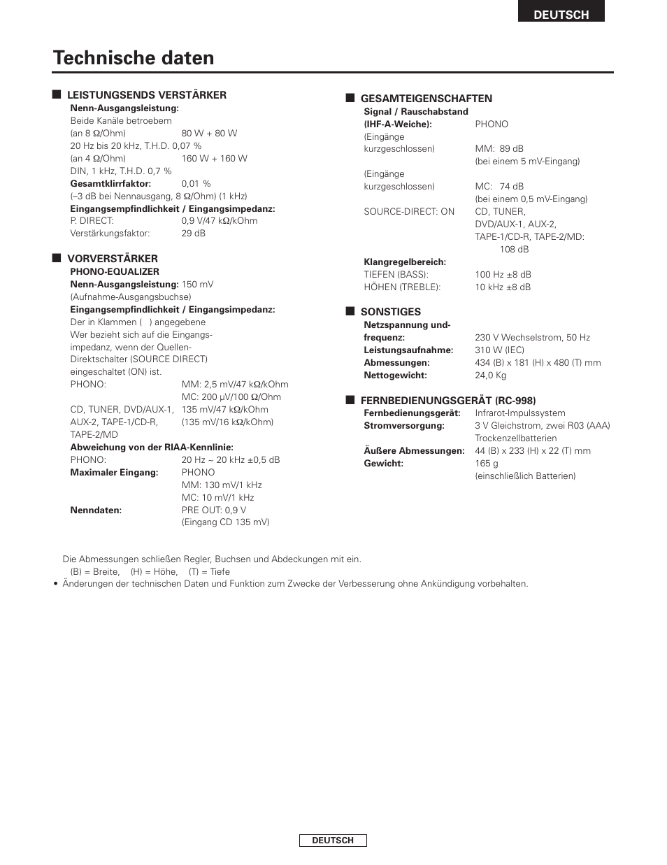 Technische daten | Denon PMA-2000AE User Manual | Page 29 / 90