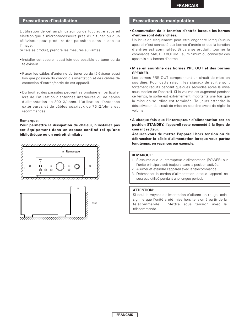 Precautions d’installation, Precautions de manipulation | Denon PMA-2000AE User Manual | Page 31 / 90