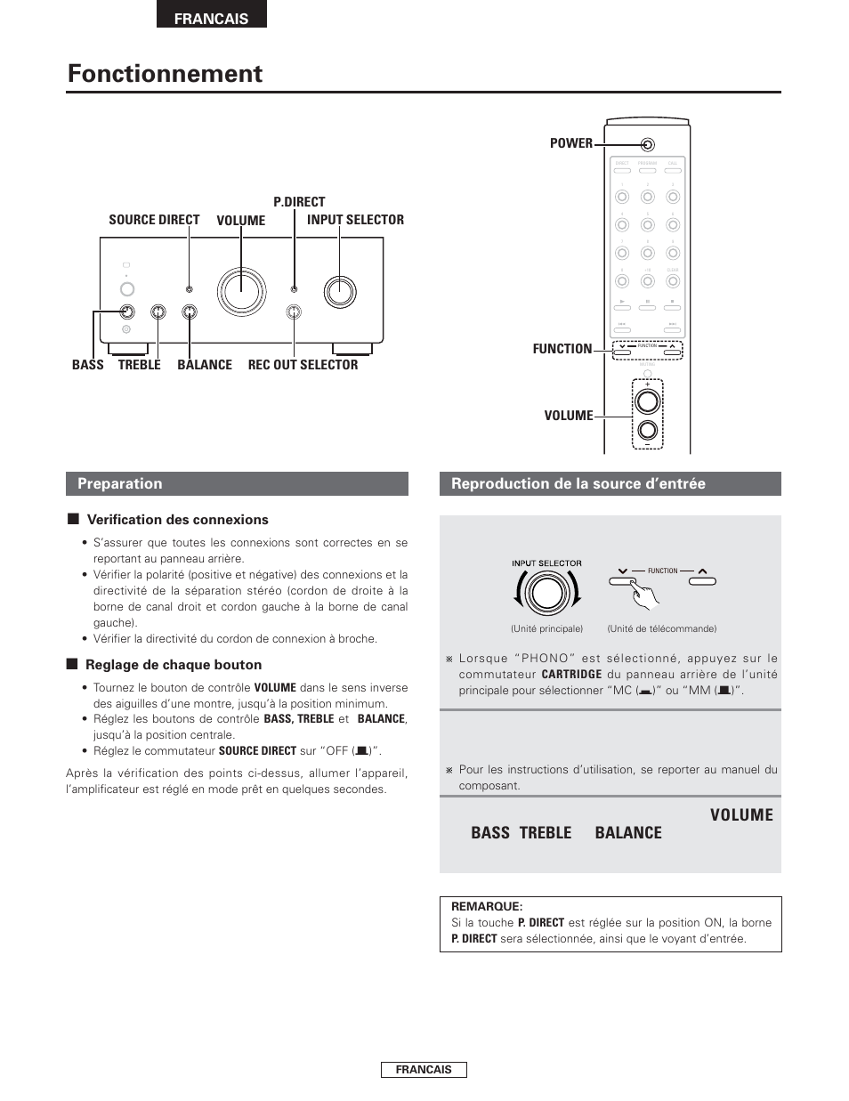 Fonctionnement, Volume, Bass | Treble, Balance, Preparation, Sélectionnez la source d’entrée à jouer, Commencez la lecture sur le composant sélectionné, Tournez les boutons de contrôle, Reproduction de la source d’entrée | Denon PMA-2000AE User Manual | Page 38 / 90