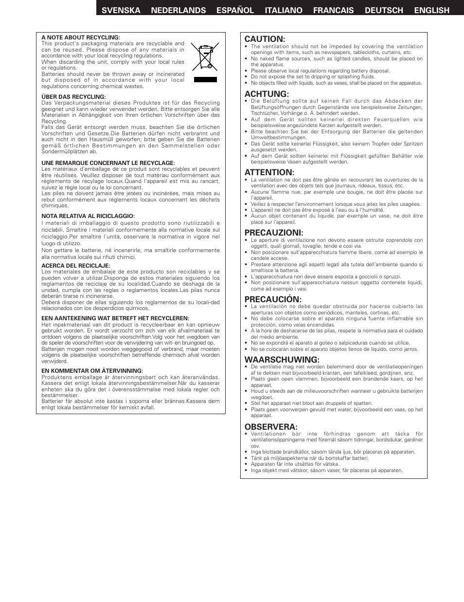 Caution, Achtung, Attention | Precauzioni, Precaución, Waarschuwing, Observera | Denon PMA-2000AE User Manual | Page 4 / 90