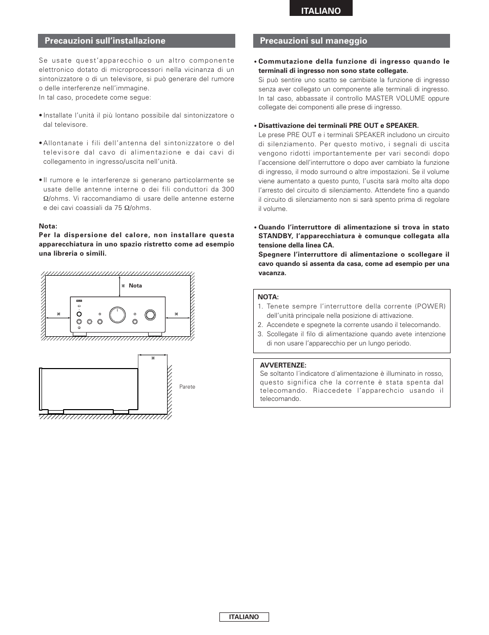 Precauzioni sull’installazione, Precauzioni sul maneggio | Denon PMA-2000AE User Manual | Page 43 / 90