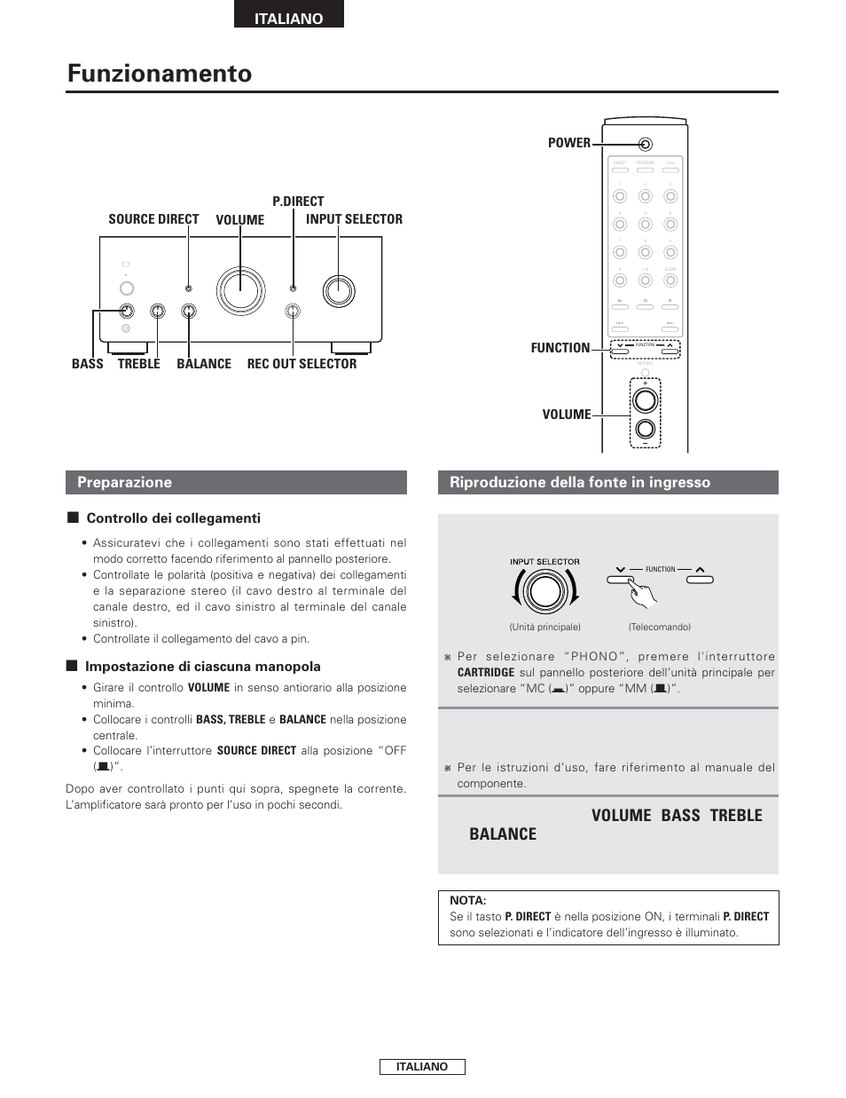 Funzionamento, Volume, Bass | Treble, Balance, Preparazione, Selezionare la fonte in ingresso da riprodurre, Girare i controlli, Riproduzione della fonte in ingresso | Denon PMA-2000AE User Manual | Page 50 / 90