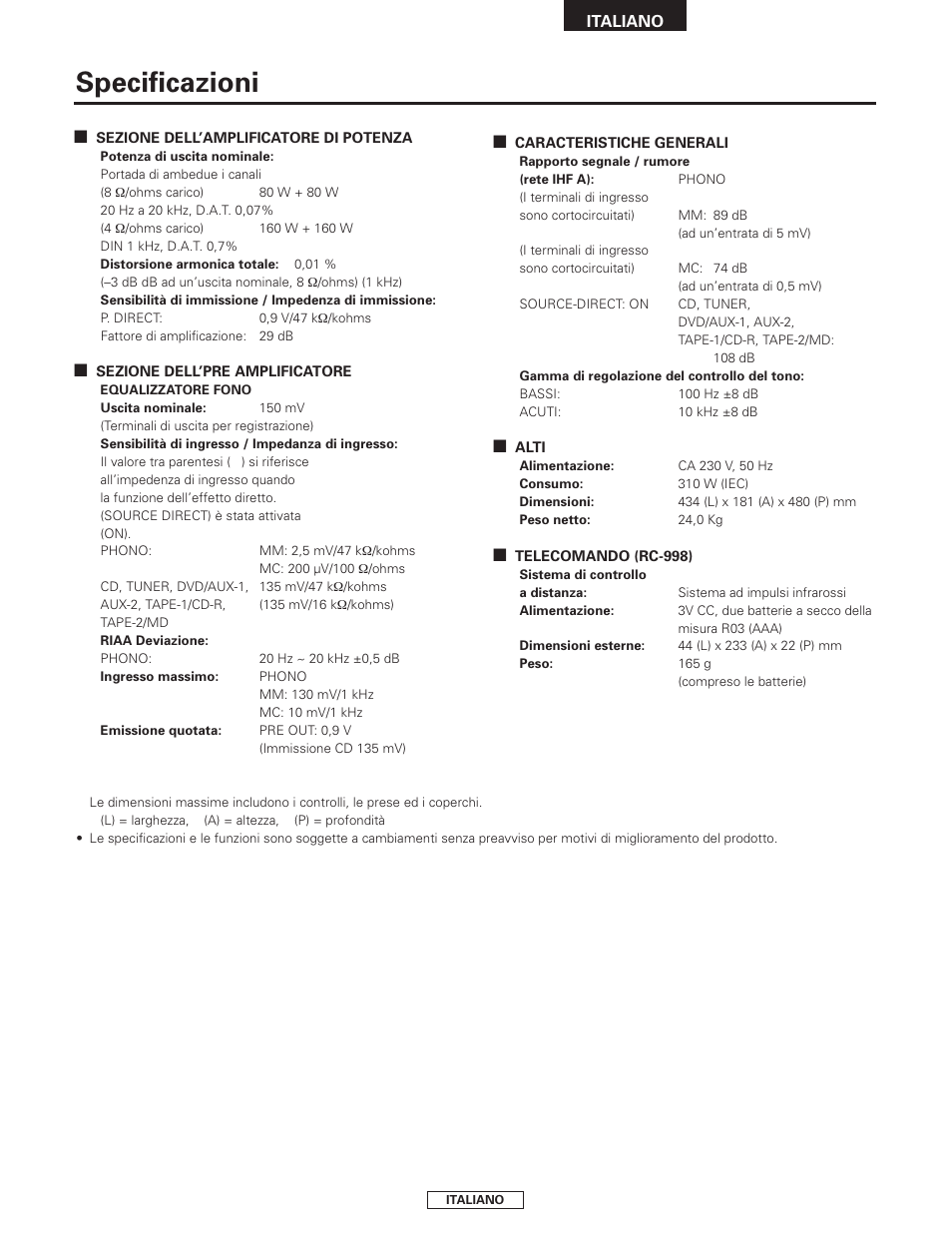 Specificazioni | Denon PMA-2000AE User Manual | Page 53 / 90