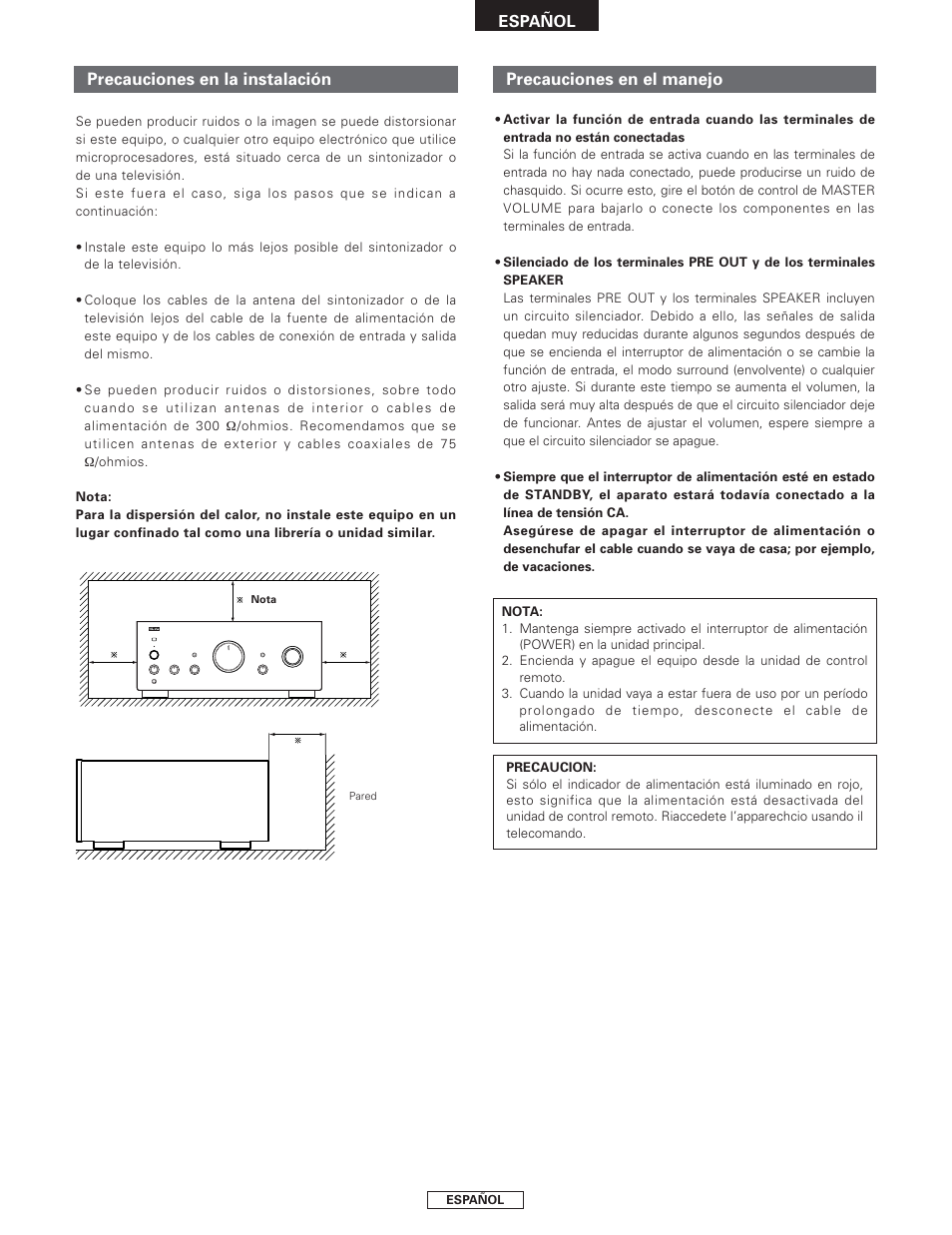 Precauciones en la instalación, Precauciones en el manejo | Denon PMA-2000AE User Manual | Page 55 / 90