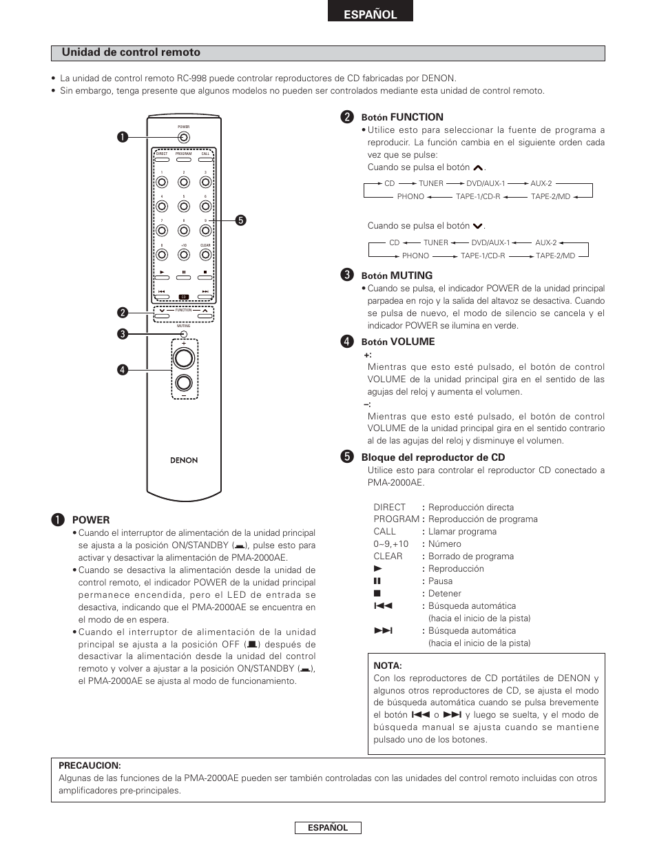 Español, Qw e r t, Unidad de control remoto | Denon PMA-2000AE User Manual | Page 59 / 90