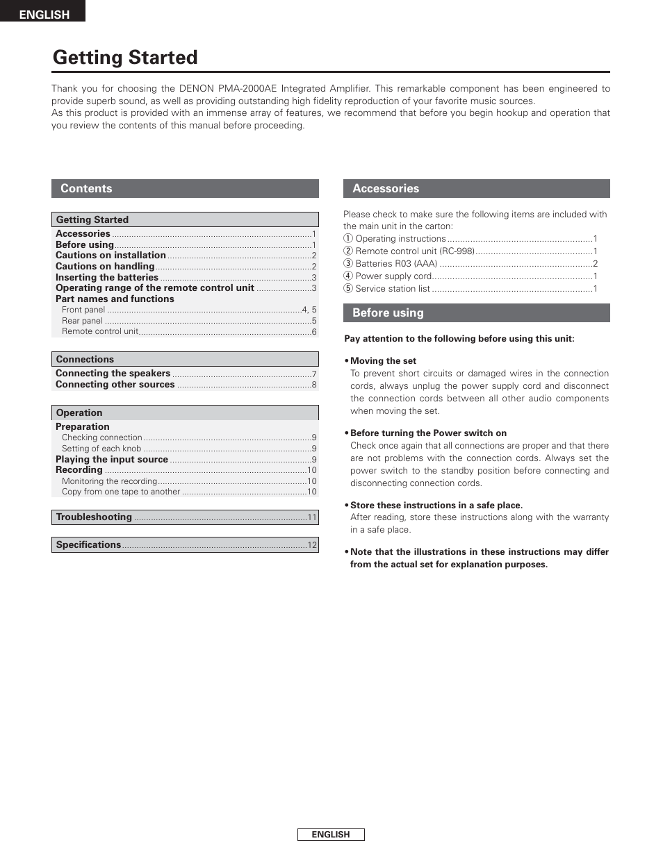 Getting started | Denon PMA-2000AE User Manual | Page 6 / 90