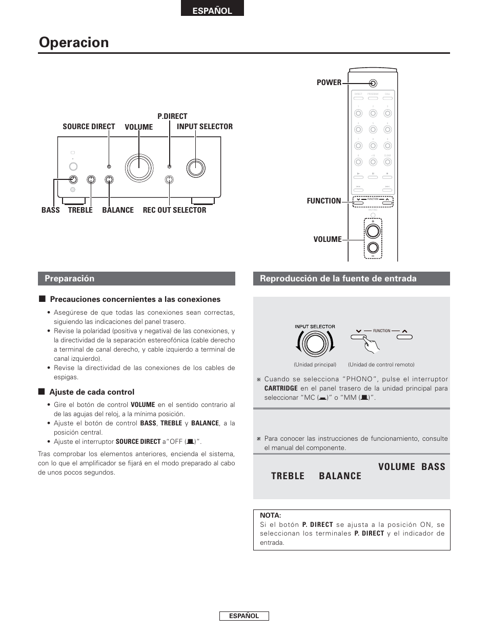 Operacion, Volume, Bass | Treble, Balance, Preparación, Gire el botón de control, Reproducción de la fuente de entrada | Denon PMA-2000AE User Manual | Page 62 / 90