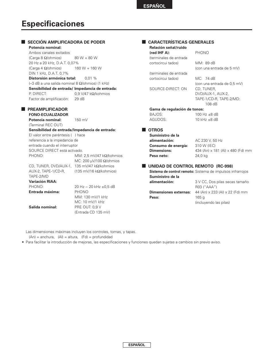 Especificaciones | Denon PMA-2000AE User Manual | Page 65 / 90