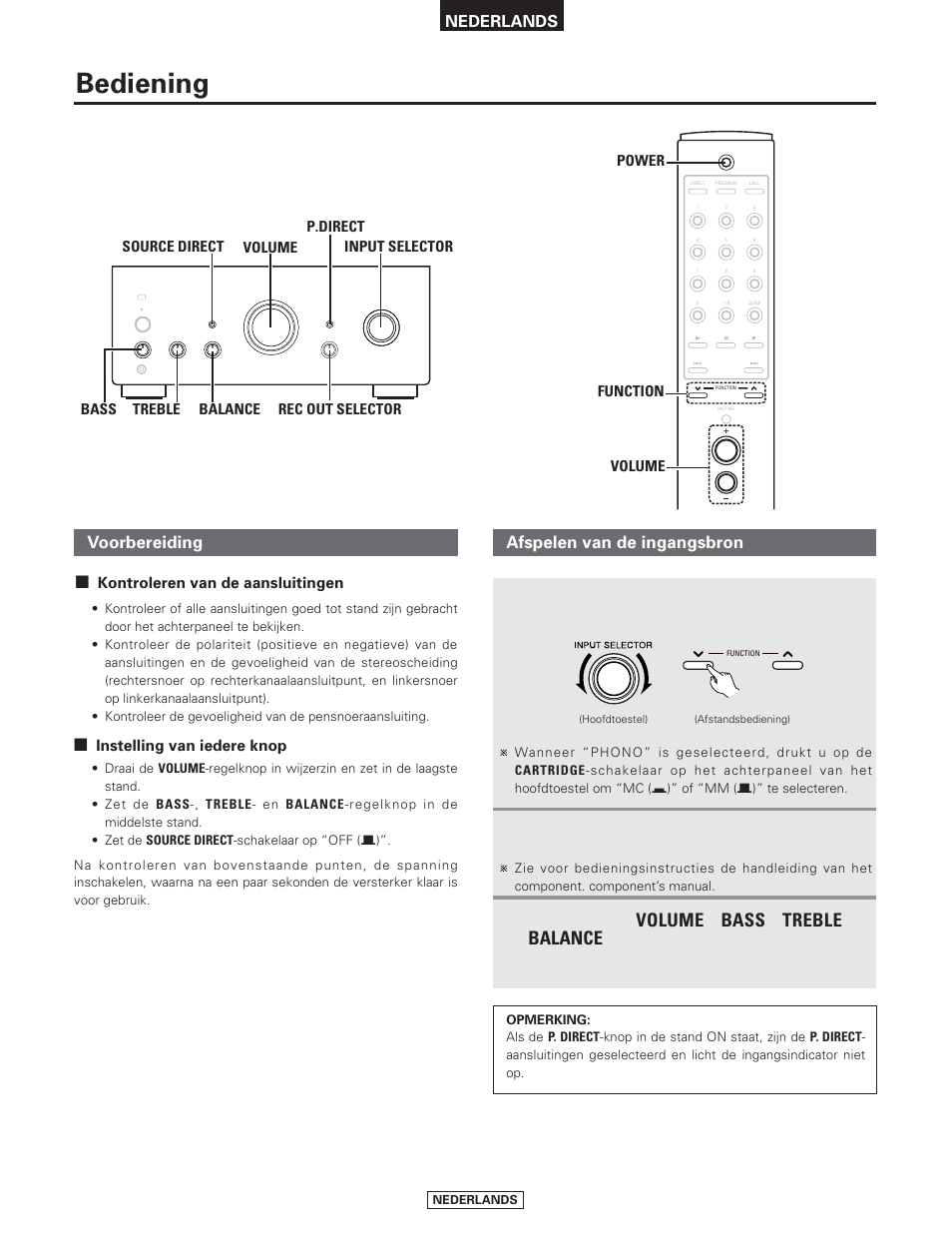 Bediening, Volume, Bass | Treble, Balance, Voorbereiding, Start het afspelen op het geselecteerde component, Draai aan de, Afspelen van de ingangsbron | Denon PMA-2000AE User Manual | Page 74 / 90