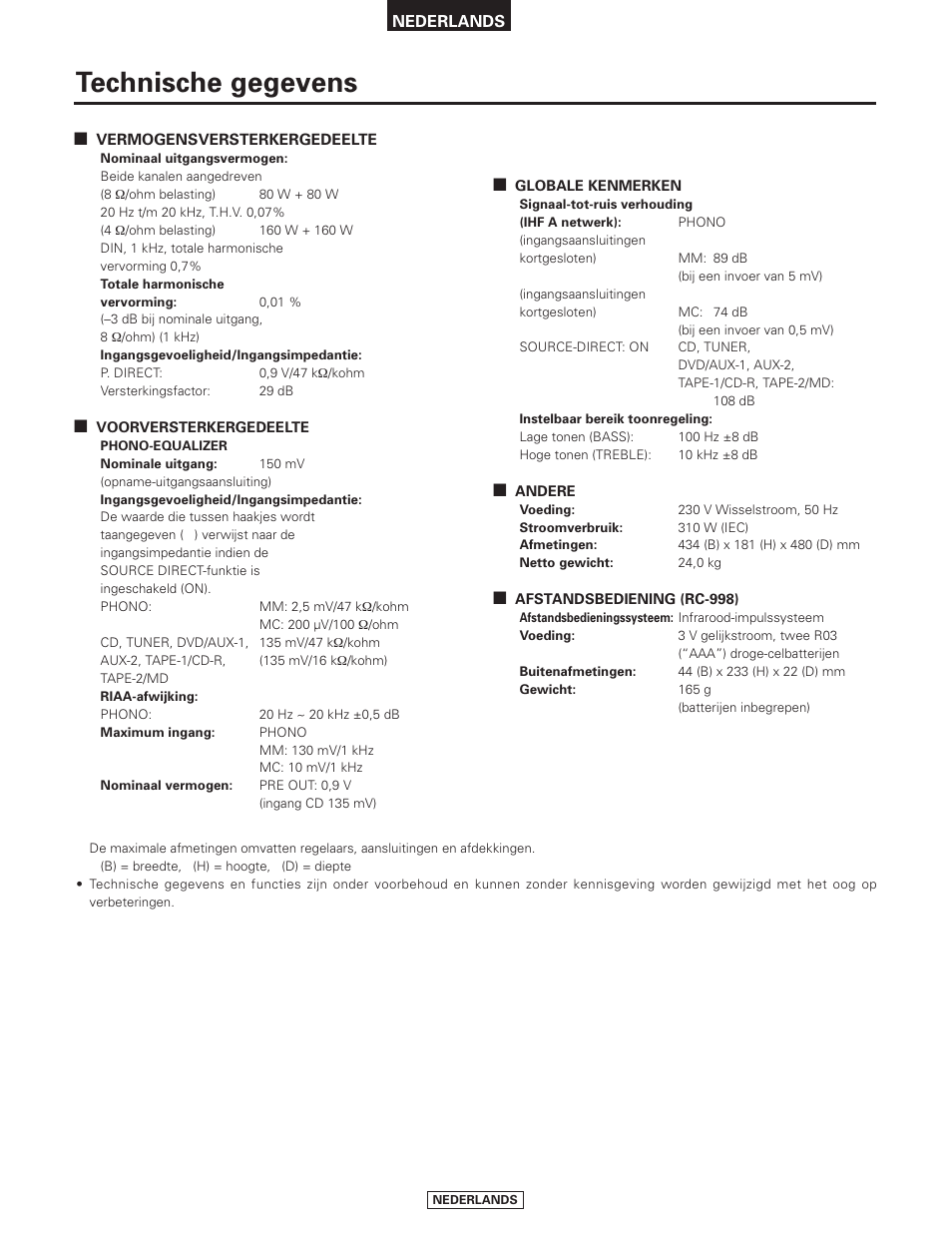 Technische gegevens | Denon PMA-2000AE User Manual | Page 77 / 90