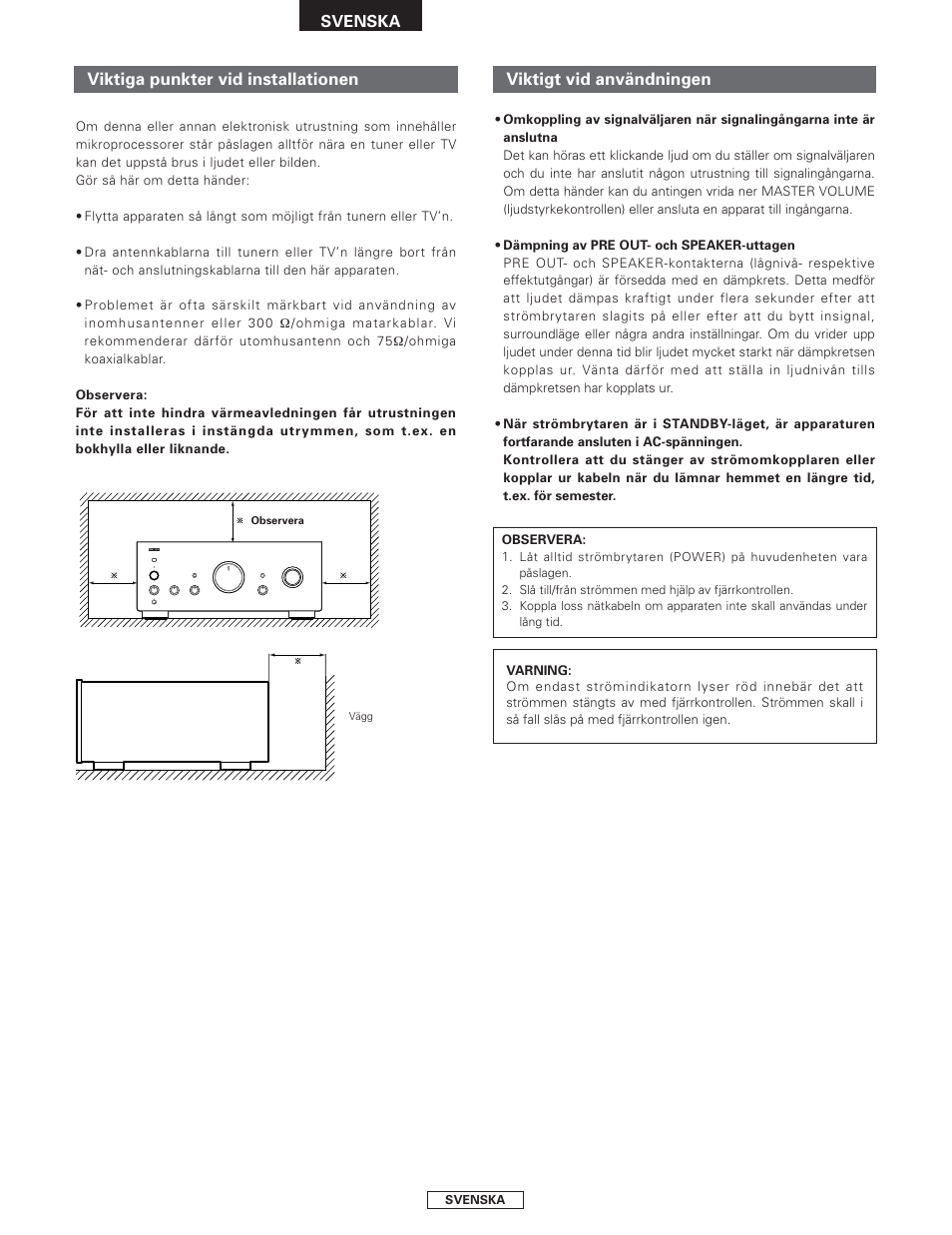 Viktiga punkter vid installationen, Viktigt vid användningen | Denon PMA-2000AE User Manual | Page 79 / 90