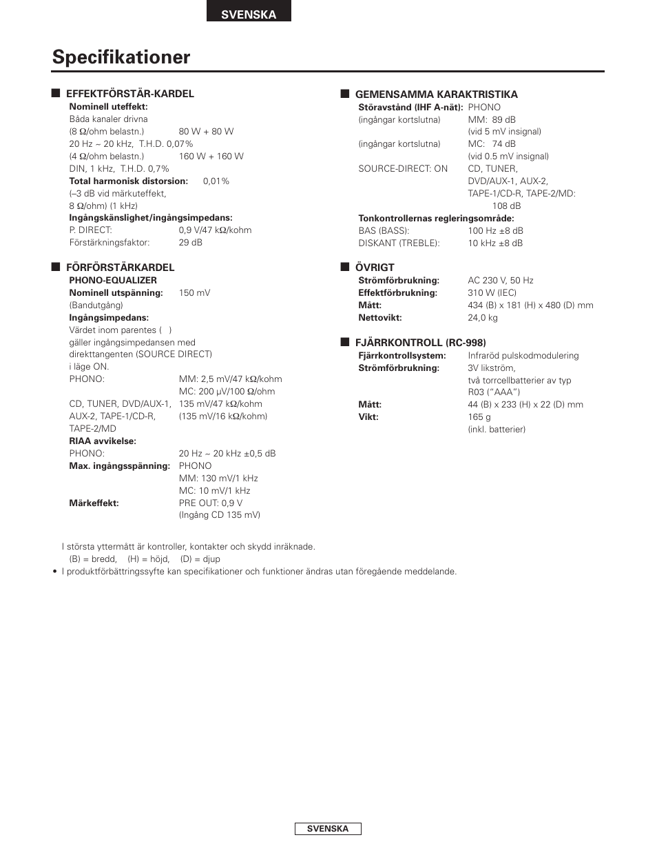 Specifikationer | Denon PMA-2000AE User Manual | Page 89 / 90