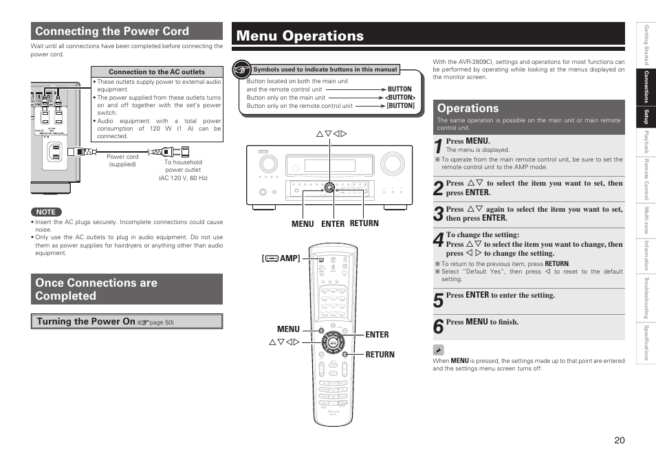Menu operations, Connecting the power cord, Once connections are completed | Operations | Denon AVR-2809CI User Manual | Page 23 / 102