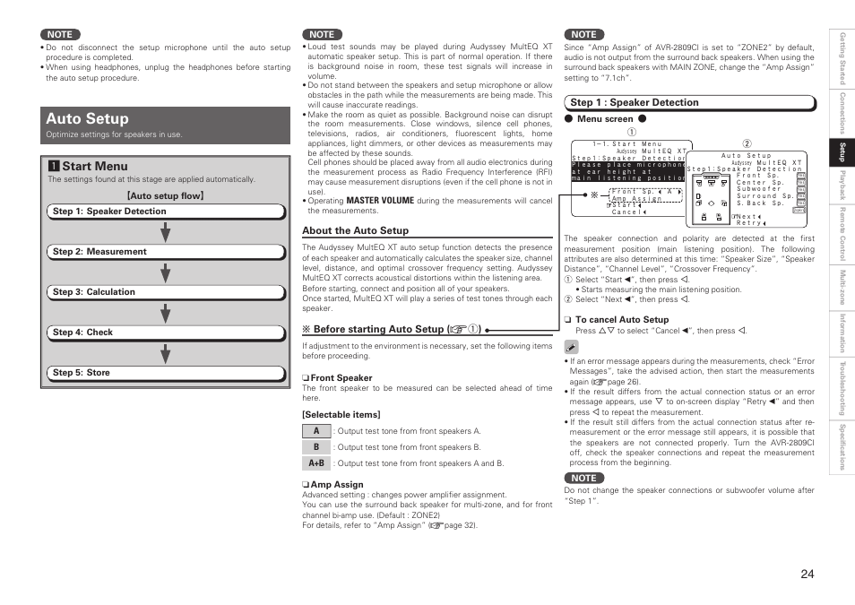 Auto setup, Astart menu | Denon AVR-2809CI User Manual | Page 27 / 102