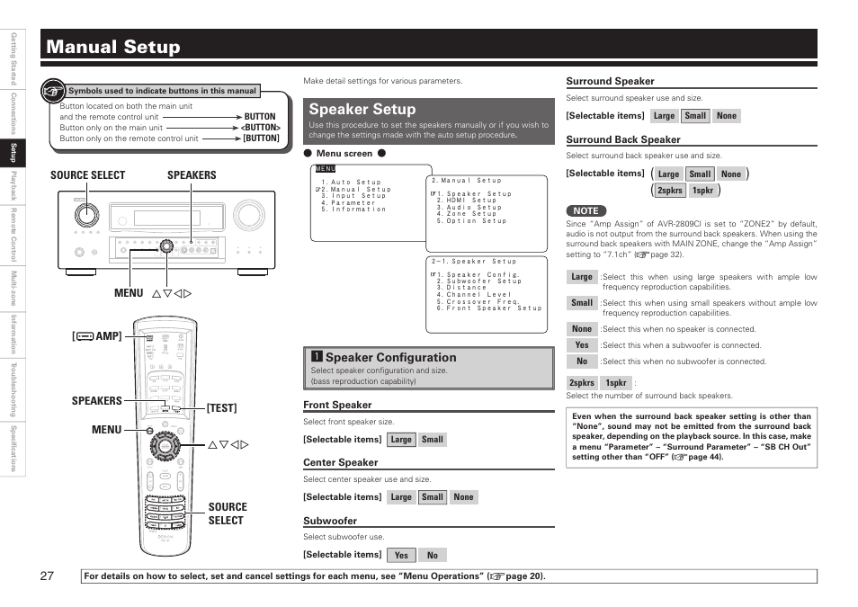 Manual setup, Speaker setup, Aspeaker confi guration | Denon AVR-2809CI User Manual | Page 30 / 102