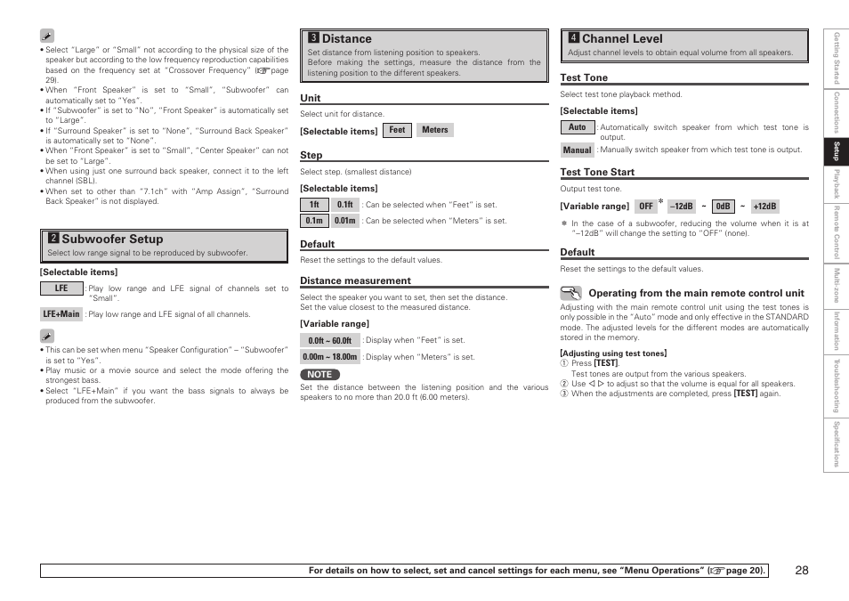Ssubwoofer setup, Ddistance, Fchannel level | Denon AVR-2809CI User Manual | Page 31 / 102