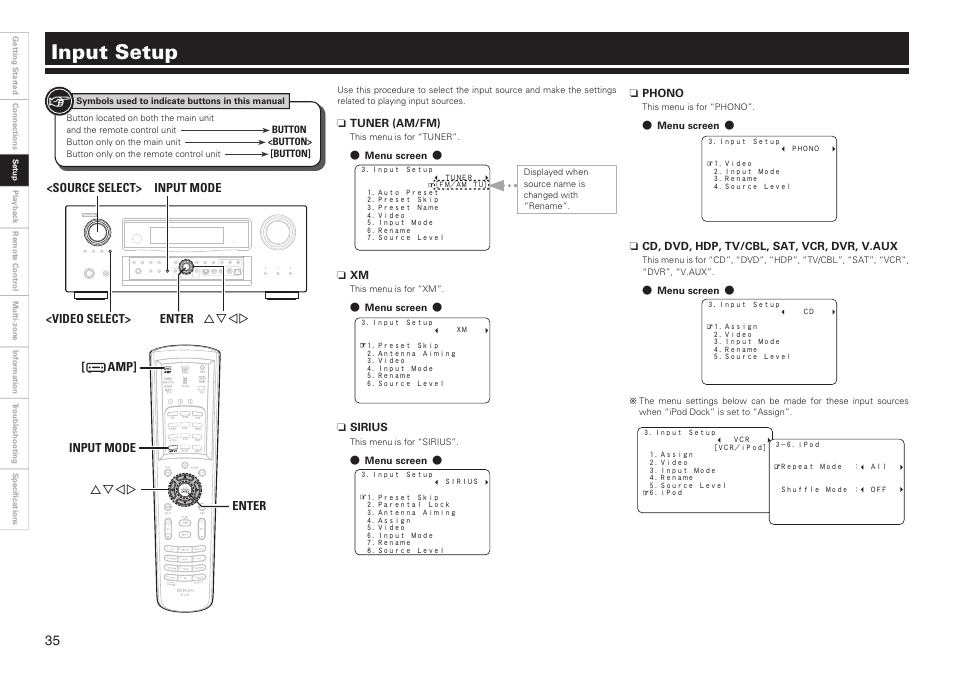 Input setup | Denon AVR-2809CI User Manual | Page 38 / 102
