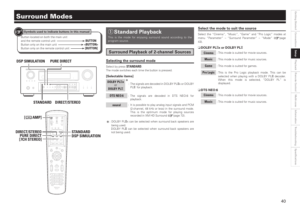 Surround modes, Qstandard playback, Surround playback of 2-channel sources | Denon AVR-2809CI User Manual | Page 43 / 102