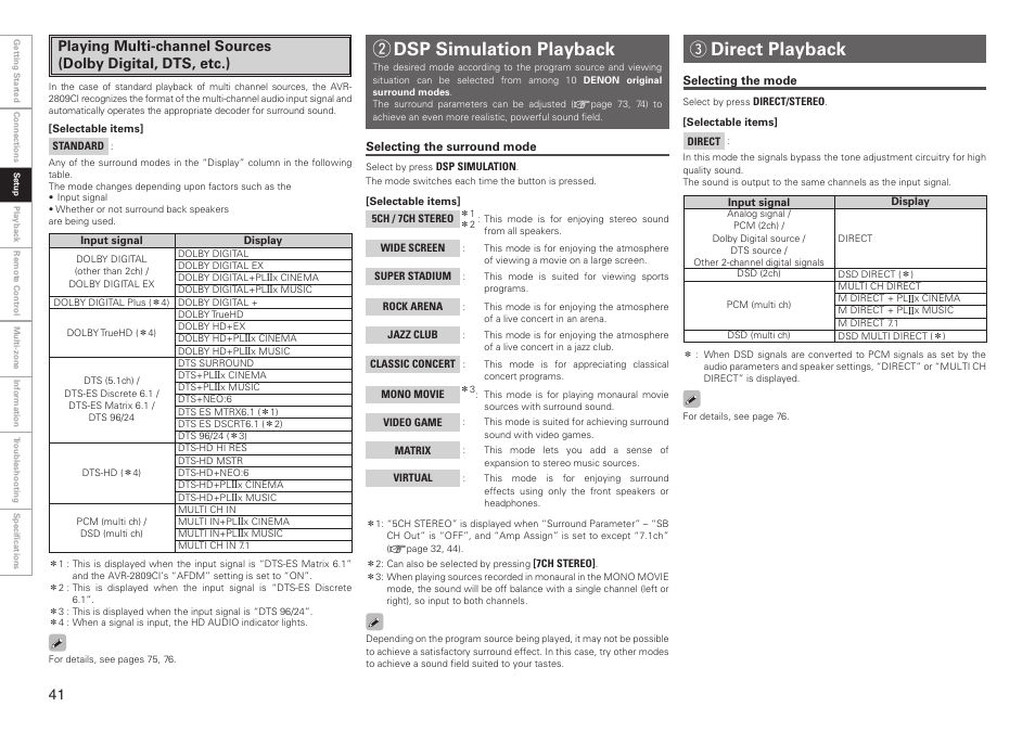 Wdsp simulation playback, Direct playback | Denon AVR-2809CI User Manual | Page 44 / 102