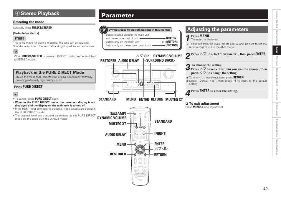 Parameter, Adjusting the parameters, Stereo playback | Denon AVR-2809CI User Manual | Page 45 / 102