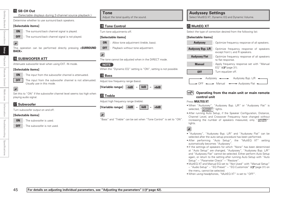 Tone, Audyssey settings | Denon AVR-2809CI User Manual | Page 48 / 102