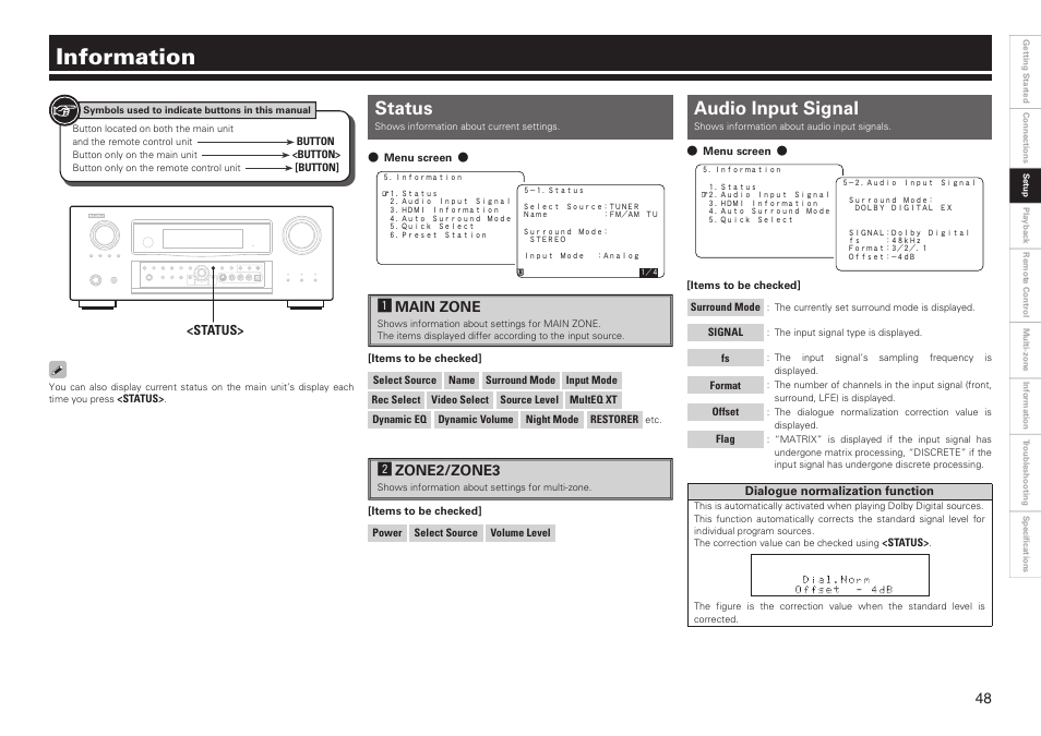 Information, Status, Audio input signal | Amain zone, Szone2/zone3 | Denon AVR-2809CI User Manual | Page 51 / 102