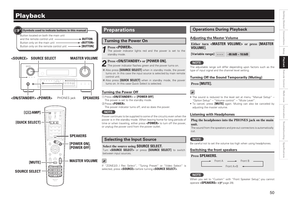 Playback, Preparations | Denon AVR-2809CI User Manual | Page 53 / 102