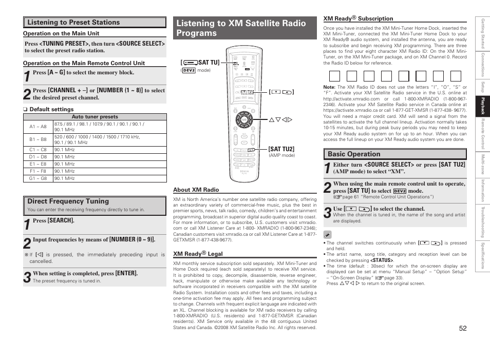 Listening to xm satellite radio programs | Denon AVR-2809CI User Manual | Page 55 / 102