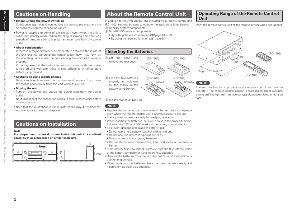 Cautions on handling, Cautions on installation, About the remote control unit | Inserting the batteries, Operating range of the remote control unit | Denon AVR-2809CI User Manual | Page 6 / 102