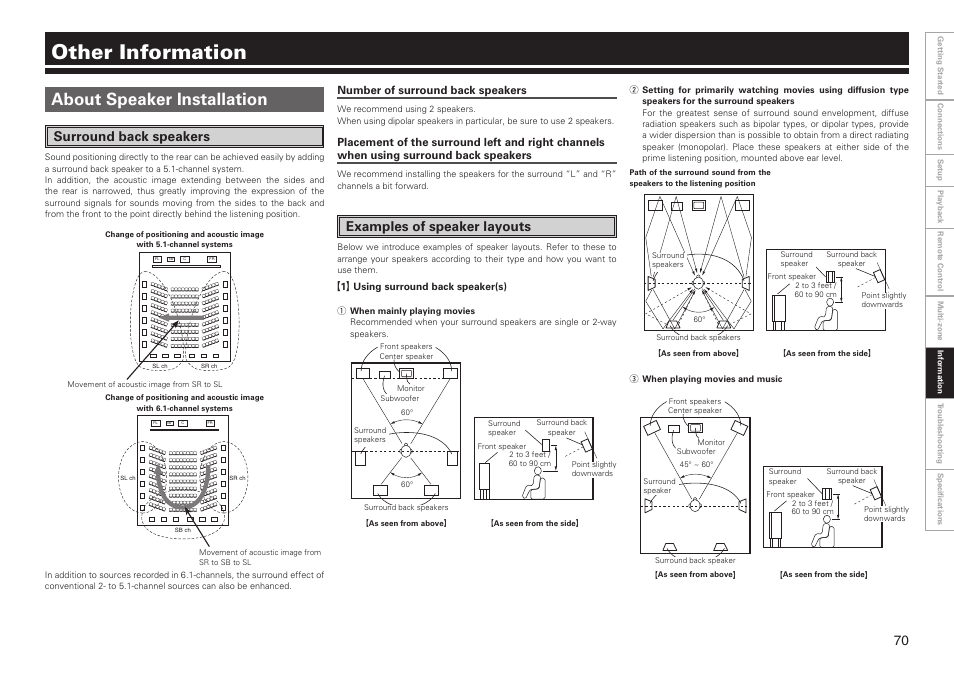 Other information, About speaker installation, Surround back speakers | Examples of speaker layouts, Number of surround back speakers | Denon AVR-2809CI User Manual | Page 73 / 102