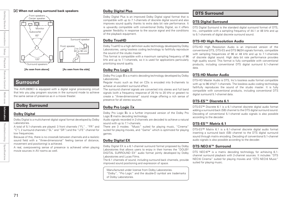 Surround, Dolby surround, Dts surround | Denon AVR-2809CI User Manual | Page 74 / 102