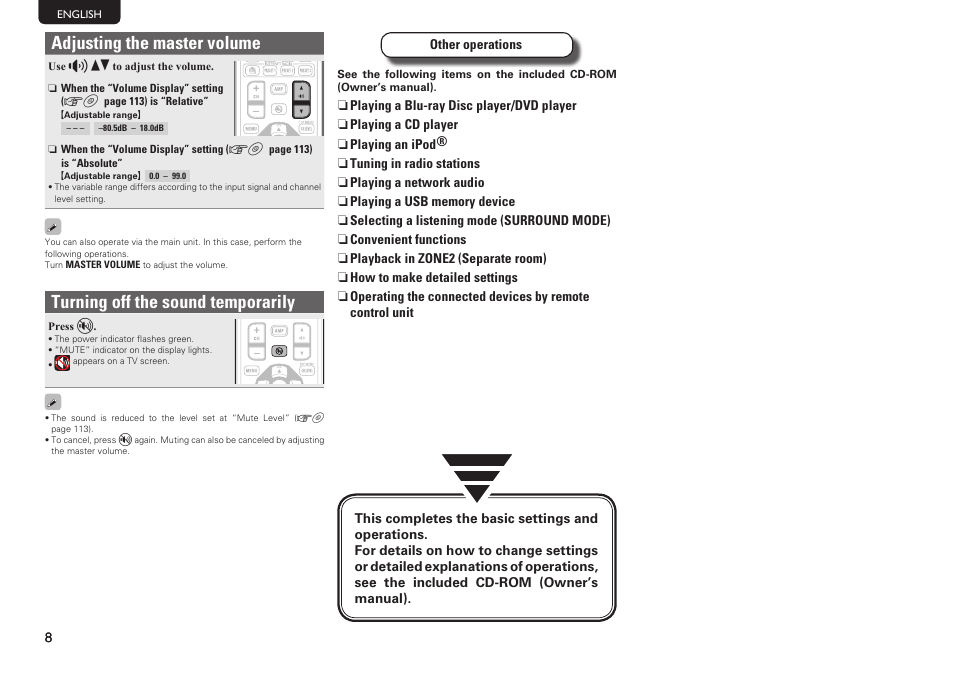 Adjusting the master volume, Turning off the sound temporarily | Denon AVR-2312CI User Manual | Page 12 / 16