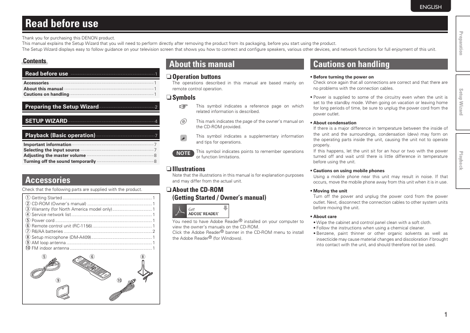 Read before use, About this manual, Cautions on handling | Accessories | Denon AVR-2312CI User Manual | Page 5 / 16