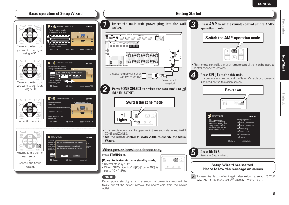 Basic operation of setup wizard, Getting started, Switch the zone mode j lights | Switch the amp-operation mode, Power on, When power is switched to standby, Zone select, Enter | Denon AVR-2312CI User Manual | Page 9 / 16