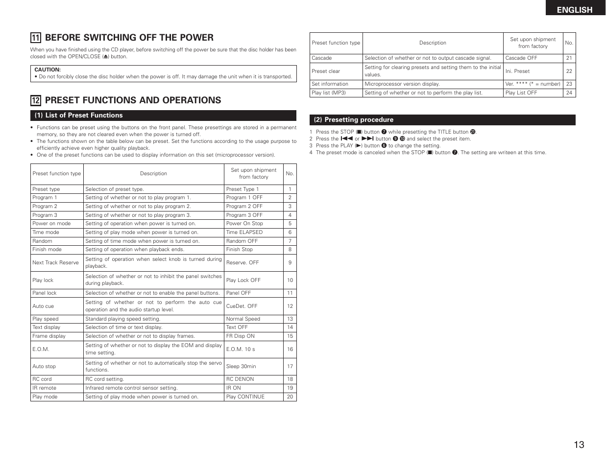 Before switching off the power, Preset functions and operations, English | Denon DN-C615 User Manual | Page 13 / 76